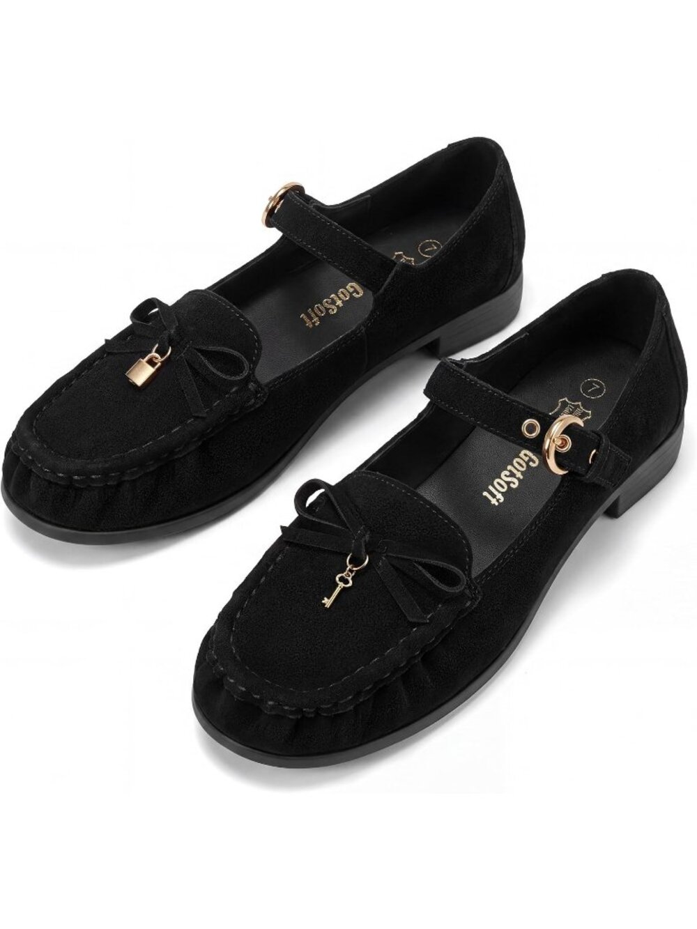 Women's Black Leather Loafers Bow Buckle Comfortable Classic Dress Work Shoes